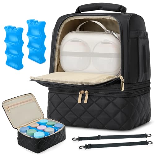 RAINSMORE Wearable Breast Pump Bag, Willow/Eufy/Elvie/Spectra/Medela/Momcozy M5/S12 Pro, Breast Milk Cooler Travel Bag with Cooler Compartment & Ice Pack, Black