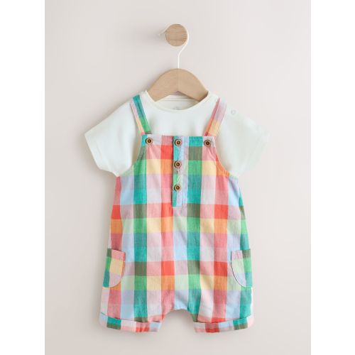 Bright Multi Colour Check Woven Dungaree and Bodysuit Set 9-12 months