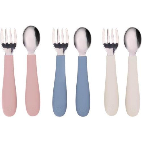 WeeSprout Toddler Utensils, 3 Forks & 3 Spoons, 18/8 Stainless Steel & Food Grade Silicone, Thick Easy-Grip Handles, Perfect Length For New Self Feeders, Gentle On Gums & Teeth, Dishwasher Safe