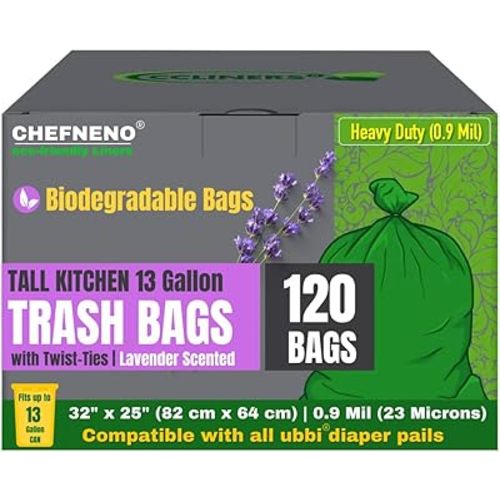 Diaper Pail 13 Gallon Tall Trash Bags Disposable Refill Plastic Bag (120 Bags) Compatible with Ubbi Diaper Pail Tall Kitchen Green Eco-friendly Diaper Pail Bag (120 ct., Lavender Scented)