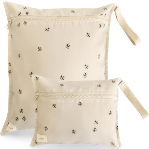 mushie Water Resistant Wet Bags | Large & Small Reusable Storage Bag for Baby Items and Travel | Zippered Pockets with Handle | Machine Washable, Set of 2 (Bees)