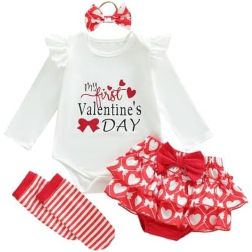 My First Valentines Day Baby Girl Outfit Newborn Long Sleeve Romper Heart Tutu Skirt Dress Cute 4pcs Spring Clothes