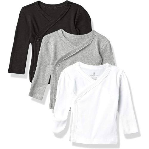 HonestBaby 3-pack Long Sleeve Side-snap Kimono Tops 100% Organic Cotton for Newborn Baby for Infant Boys, Girls, Unisex