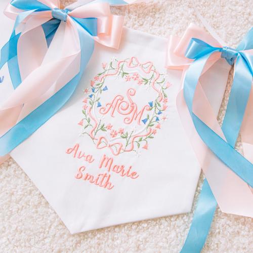 Pink Embroidered Baby Name Sign for Hospital, Monnogramed Name Banner with Bows, Custom Baby Girl Door Sign, Nursery Decoration, Baby Shower
