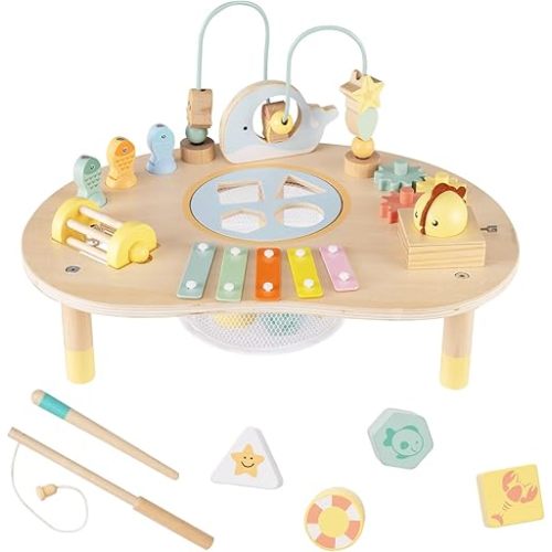 Costzon Activity Table for 1 Year Old, 7-in-1 Wooden Montessori Toys with Fishing Game, Bead Maze, Xylophone & More, Baby Sensory Toys for 12 Months+ Toddlers Boys Girls, Ideal Birthday