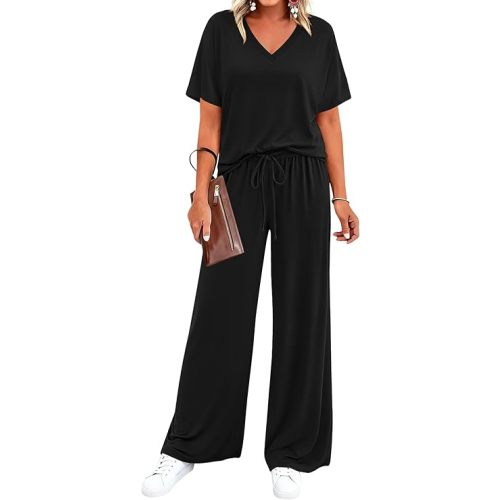 BTFBM 2 Piece Sets for Women Summer V Neck Short Sleeve Lounge Set Wide Leg Pants Matching Set Airport Travel Outfits