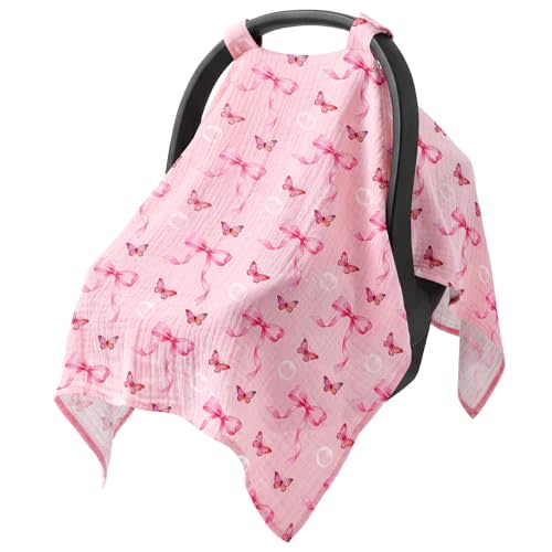 Baby Car Seat Cover - Car Seat Cover Baby Girls 100% Muslin Cotton Universal Breathable Canopies Soft Spring Summer Car Seat Cover Lightweight Infant Car Seat Canopy - Bows Butterflies