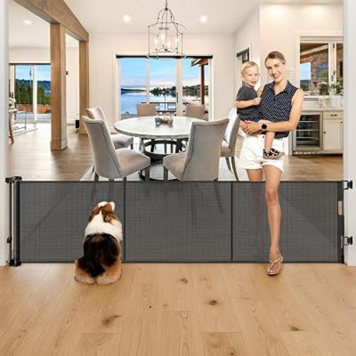 Reinforced 28" Tall 80" Wide Retractable Dog Gate, Prevents Crawling Under