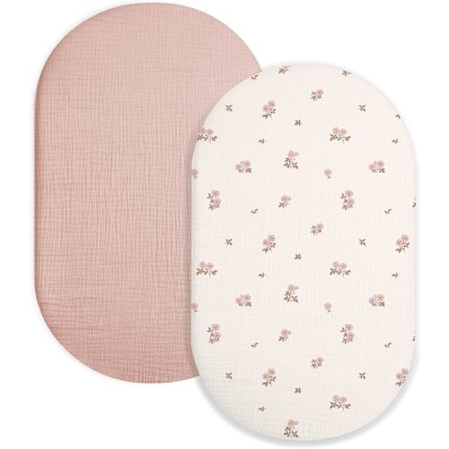 Bassinet Sheet for Baby Boy and Girl 2 Pack, Fitted Sheets for Rectangle, Oval, Hourglass Bassinet Mattress, Muslin Moses Basket Sheets with Neutral Style (Vintage Blossom & Pink)