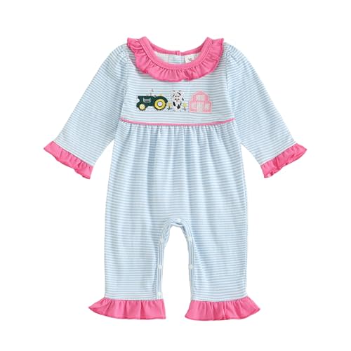 Sasaerucure Newborn Baby Girl Fall Outfit Farm Clothes Tractor Cow Embroidery Ruffle Long Sleeve Romper One Piece Jumpsuit