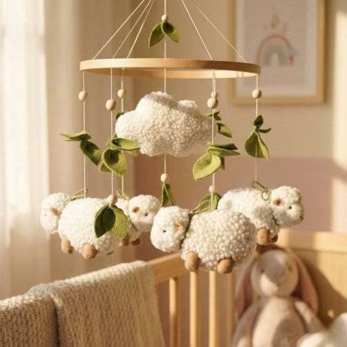 Sheep Baby Crib Mobile, Handmade Nursery Mobile, Wooden Baby Mobile