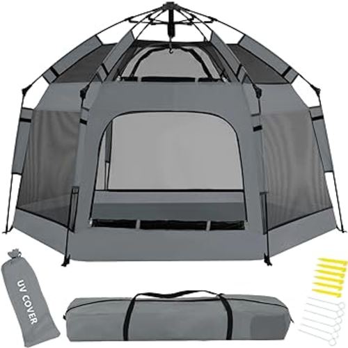 Pop Up Playpen for Babies with Canopy & Safety Lock - Outdoor Baby Playpen with 6 Ground Stakes & 6 Sand Stakes, UV Protection & Carry Bag, Instant Beach Tent for Indoor/Outdoor Use（Grey）