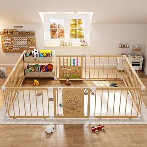 IKALIFE Large Wooden Baby Storage Playpen - Adjustable Play Yard for Babies and Toddlers, Baby Fence Activity Center with Locking Gate, 4 Toy Storage Cases Portable Play Pen 9+3 Panels 47.2”×70.9”