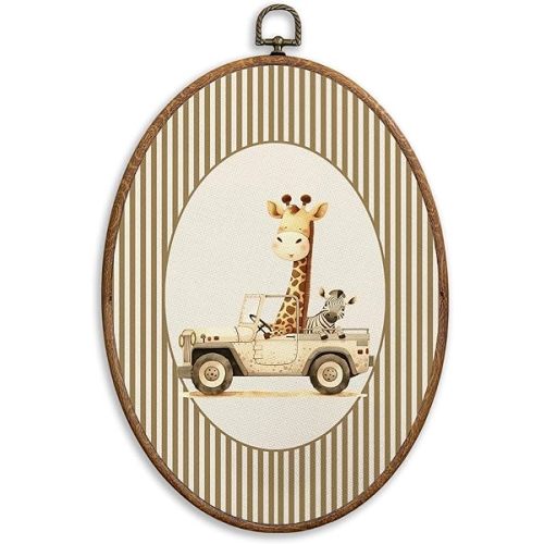 SONMYSULIL Vintage Car Zebra Giraffe Nursery Wall Art Decor, Animal Nursery Oval Wall Hanging Decor, Jungle Animal Drive Car Framed Canvas Prints for Kids Toddler Room Bedroom Playroom, 8.6x11.4 Inch