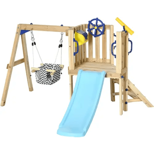 Outsunny 3 in 1 Wooden Swing Set Outdoor Playset with Baby Swing Seat, Toddler Slide, Captain's Wheel, Telescope, Kids Backyard Playground Equipment, Ages 1.5-4