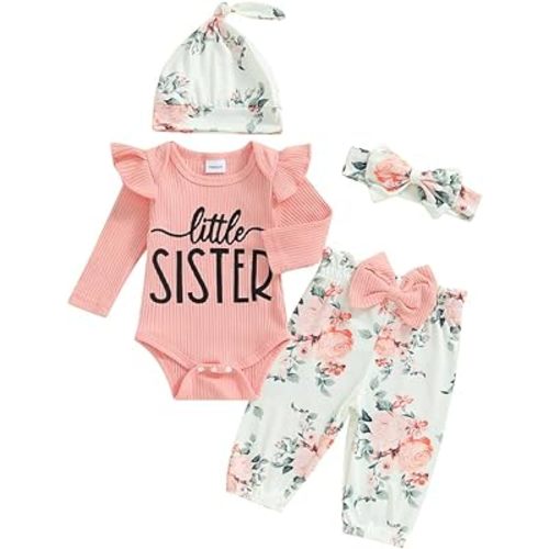 Twopumpkin Newborn Clothes Baby Girl Little sister Coming Home Outfit Ribbed Romper Muslin Pants Headband 0 3 6 9 12 Month
