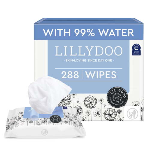 LILLYDOO Baby Wipes 99% Water, Sensitive, Unscented & Plastic-Free, 4 Packs (288 Wipes)