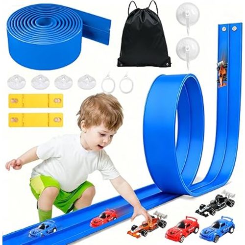 20 Ft Flexible Race Track Toys, Flex Race Car Ramp Track with 4 Race Cars & Suction Cups Rolls Up Portable DIY Race Track Anti Gravity Car Track Set,Kids Racecar Track Toy(Blue)