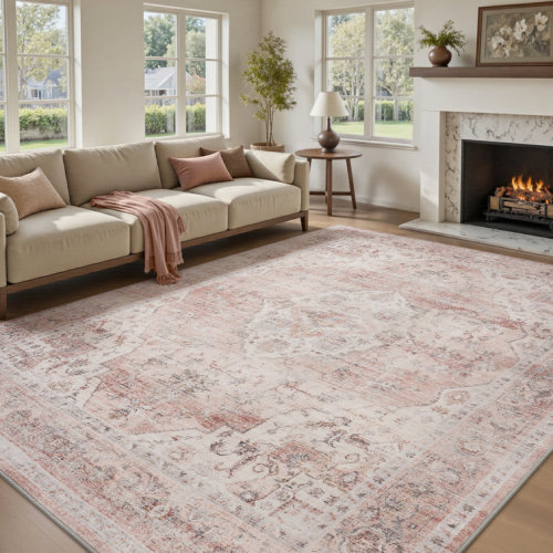 Vintage Soft Pink Machine Washable Oriental Area Rug For Living Room, Bedroom