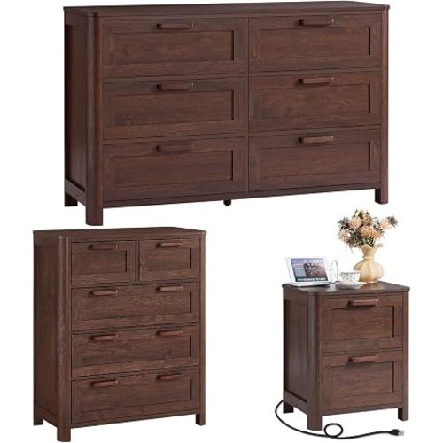Joaxswe Farmhouse Dresser and Nightstand Sets 3 Piece, Walnut