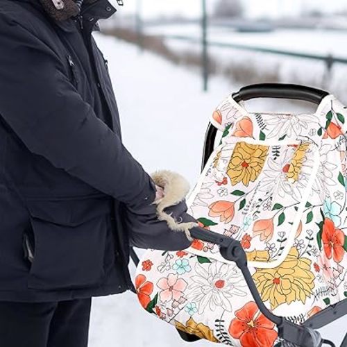 Baby Carseat Cover Girls, Pea Pod Infant Car Seat Covers Canopy for Newborn with 2 Layers Windows of Breathable Mesh/Fabric, Lightweight Polyester/Minky Dot Backing, Snug Fit Most Baby Car Seat