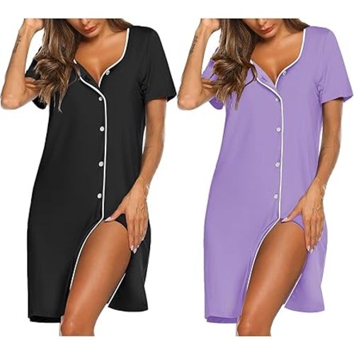 Ekouaer Nightgowns for Women 2 Pack Button Down Sleepshirt Short Sleeve Nightshirt Soft Sleepwear V Neck Pajama Dress