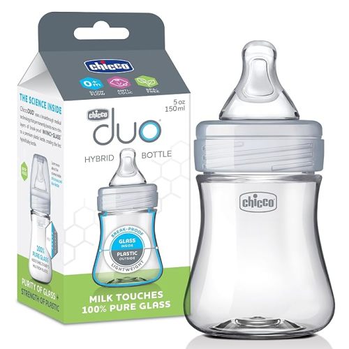 5oz 0+m Chicco Duo Hybrid Baby Bottle, Real Glass Inside, Lightweight Plastic Outside, Patented Invinci-Glass Technology, Intui-Latch Nipple, Clear/Grey