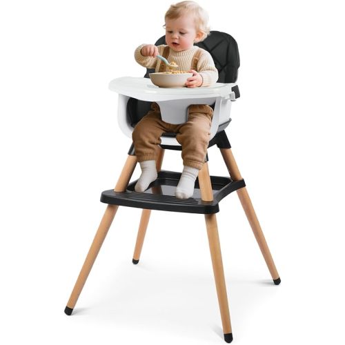 Kinder King 7 in 1 Baby High Chair for Babies and Toddlers with Large Storage Footrest, Booster Seat, Convertible Wooden High Chair with 3-Depth Double Dishwasher Safe Tray, 5 Point Harness, Black