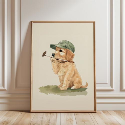 Vintage Nursery Golf Art, Golden Retriever Sport Print, Golfing Theme for Baby Room, Dog Golfer Kid Prints, Toddler Sports Bedroom Posters