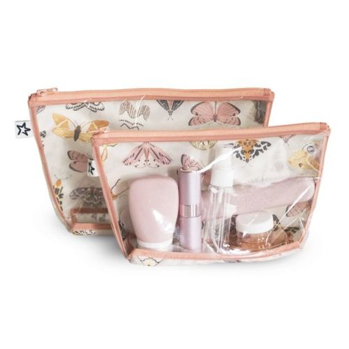 Tiny Twinkle 2-Pack Airline Compliant Travel Bags with Zipper Closure, Clear Front Pouch, Diaper Bag, Toiletry/Cosmetics Organizer (Flutter)