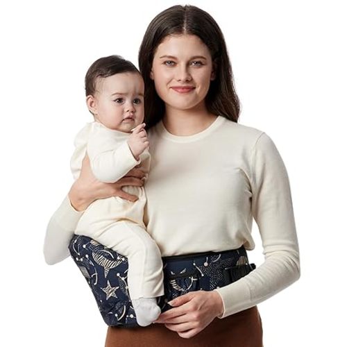 Momcozy Hip Seat Baby Carrier - Adjustable Waistband with Original 3D Belly Protector, Ergonomic Carrier with Various Pockets for Toddlers up to 45lbs (Grey, Medium 27-45IN)