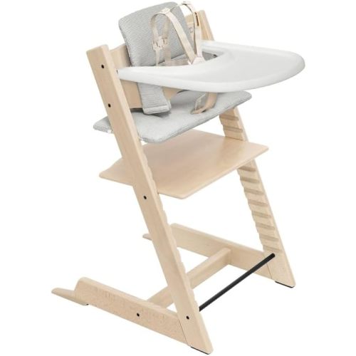 Stokke Tripp Trapp High Chair 2 (Natural), Cushion 2 (Nordic Grey) + Stokke Tray (White) - Includes Chair + Baby Set with Removable Harness for Children 6-36 Months