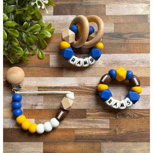 Los Angeles Rams Toy Collection - Pacifier Clip - Rattle - Go Rams - Baby Rams Rattle - Blue - Yellow - Football - Baby Gift - Football