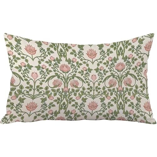 Vintage Boho Pink and Green Floral Pillow Cover 12x20, Floral Room Decor, Retro Boho Art Nouveau Flower Botanical Lumbar Pillow Cover Decor for Home Bedroom Living Room