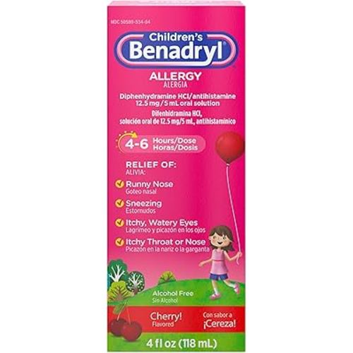 Benadryl Children's Allergy Relief Liquid Medicine with Diphenhydramine HCl, Kids' Allergy Syrup for Allergy Symptoms Like Runny Nose, Itchy Eyes & More, Cherry Flavor, 4 fl. oz