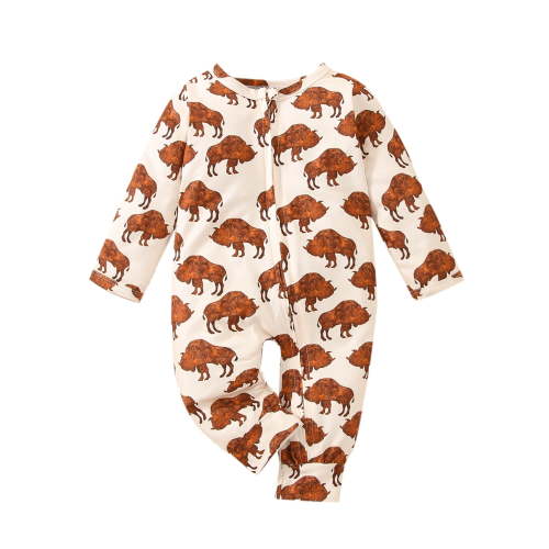 Newborn Infant Baby Boy Girl Zip Up Onesie Romper Cow Print Long Sleeve Bodysuit Jumpsuit Western Baby Clothes