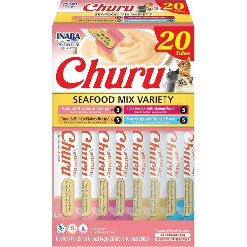 INABA Churu Cat Treats, Grain-Free, Lickable, Squeezable Creamy Purée Cat Treat/Topper with Vitamin E & Taurine, 0.5 Ounces Each Tube, 20 Tubes, Seafood Variety Box
