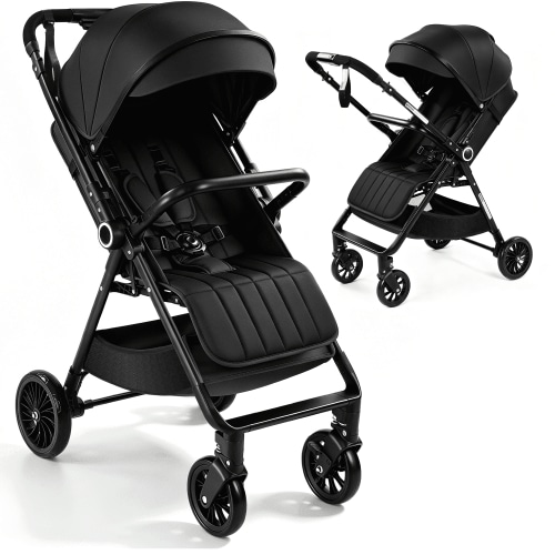 Vomeast Lightweight Stroller, Foldable Baby Stroller with Reversible Handle & One-Hand Fold for Travel, Black