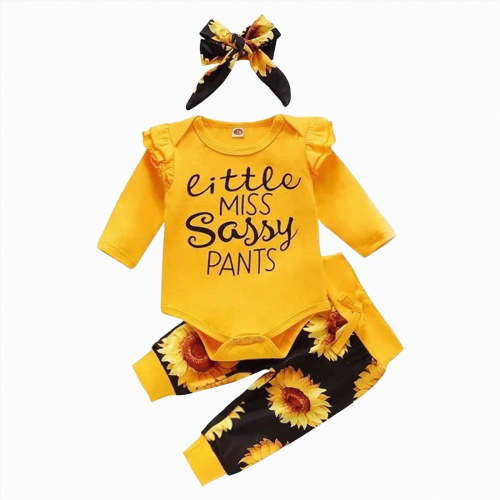CAICJ98 Newborn Baby Girl Clothes Infant Sunflower Outfit Ruffle Romper Tops Floral Pants Outfit Fall Winter Clothing (Light Yellow,0-6 Months)