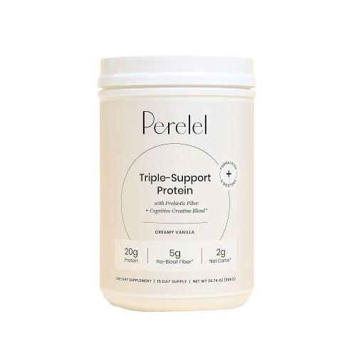 Perelel Triple-Support Plant Based Protein Powder, Creamy Vanilla, 20g Vegan Protein Powder, 3g Creatine Monohydrate, & 5g Prebiotic Fiber per Serving, Dairy Free, No Sugar Added, 15 Day Supply
