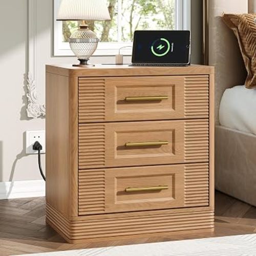 RECHHX 3 Drawer Dresser for Bedroom, 25.6" Tall Nightstand with Charging Station, Farmhouse 23.6" Wide End Table, Thermoformed Curved Small Chest of Drawers for Bedroom, Living Room, Nature Oak
