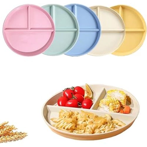 (5 Pack) Portion Control Plate for Balanced Eating, 9" Unbreakable Divided Plates,3 Compartment Plates, Reusable Plastic Plates, BPA Free for Adults