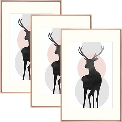 Space Art Deco, 16x24 Metal Aluminum Picture Frame Set of 3, Display Pictures 12x18 with Mat or 16 x 24 Without Mat, Wall Mounting Gallery Photo Frames, Rose Gold