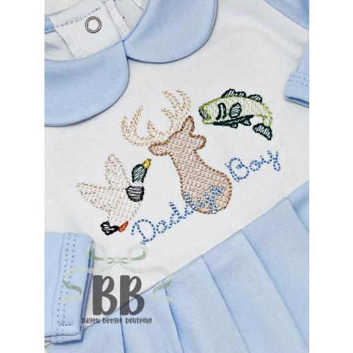 Newborn Boy Hunting Embroidered Coming Home Outfit, Monogrammed Sleeper, Bass, Mallard Duck, Deer Hunting