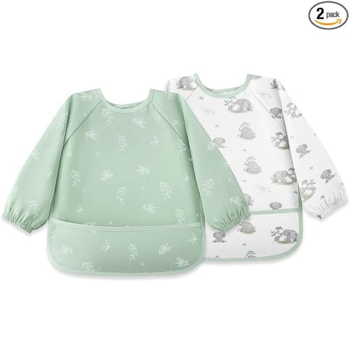 Susurration Long Sleeve Bib for Girl or Boy Baby Smock Bib 2 Pack Waterproof Bibs, Soft Adjustable Long Sleeve Baby Bib, 6-36 Months Baby Feeding Essentials - Green Elephant