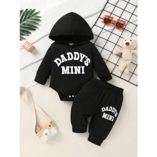 2pcs Set, Casual, Cute, Baby Boy Clothes, Infant Bodysuit, Baby Autumn/Winter Outfit, Soft & Comfortable, Letter Print Hoodie Top And Solid Letter Print Pants Set, Suitable For Daily, Vacation, Party, Outdoor