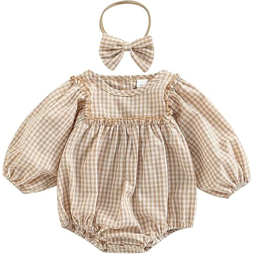 Newborn Baby Girl Clothes Plaid Bubble Romper Crew Neck Long Sleeve Bodysuit One Piece Jumpsuit Fall Winter Outfit