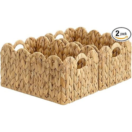 StorageWorks Scalloped Water Hyacinth Baskets, Hand-woven Rattan Baskets with Built-in Handles, Cute Baby Basket for Nursery, Basket for Organizing and Decor, 13"L x 8¼"W x 7"H