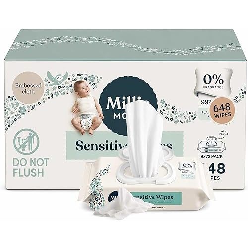 Millie-Moon Sensitive Baby Wipes, Baby Wipes for Diaper Changes, (648 Count) - (9 Packs Of 72 Wipes) - (1Box)