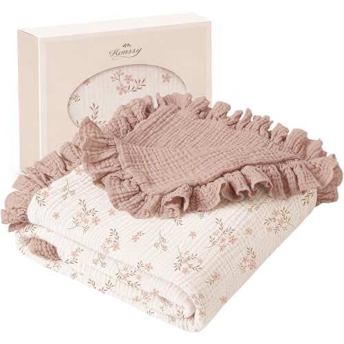 Konssy 100% Cotton Muslin Baby Blanket with Ruffle Trim for Girls, 43"x39" | Reversible Design, Soft & Lightweight, for Swaddling, Crib, Stroller & Nursery Use, from Newborn to Toddler (Petal Dream)